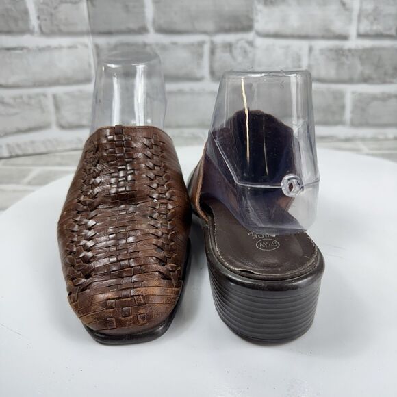 Predictions Vintage Women's Size 8.5 WIDE Square Toe Brown Leather Woven Mules - Picture 2 of 12